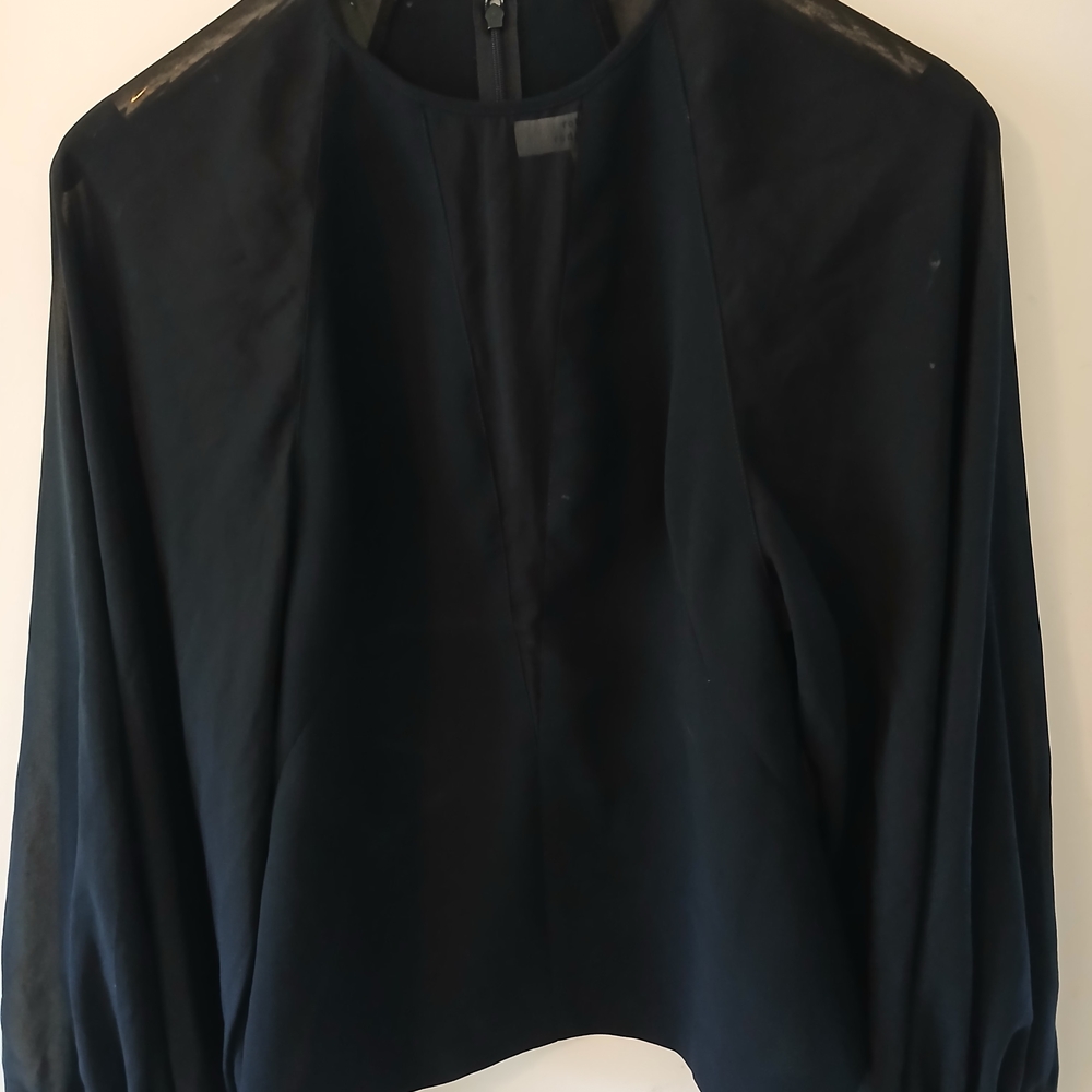 Robert Rodriguez Women's Black Sheer Sleeve Blouse. Elegant Black Women's Top.